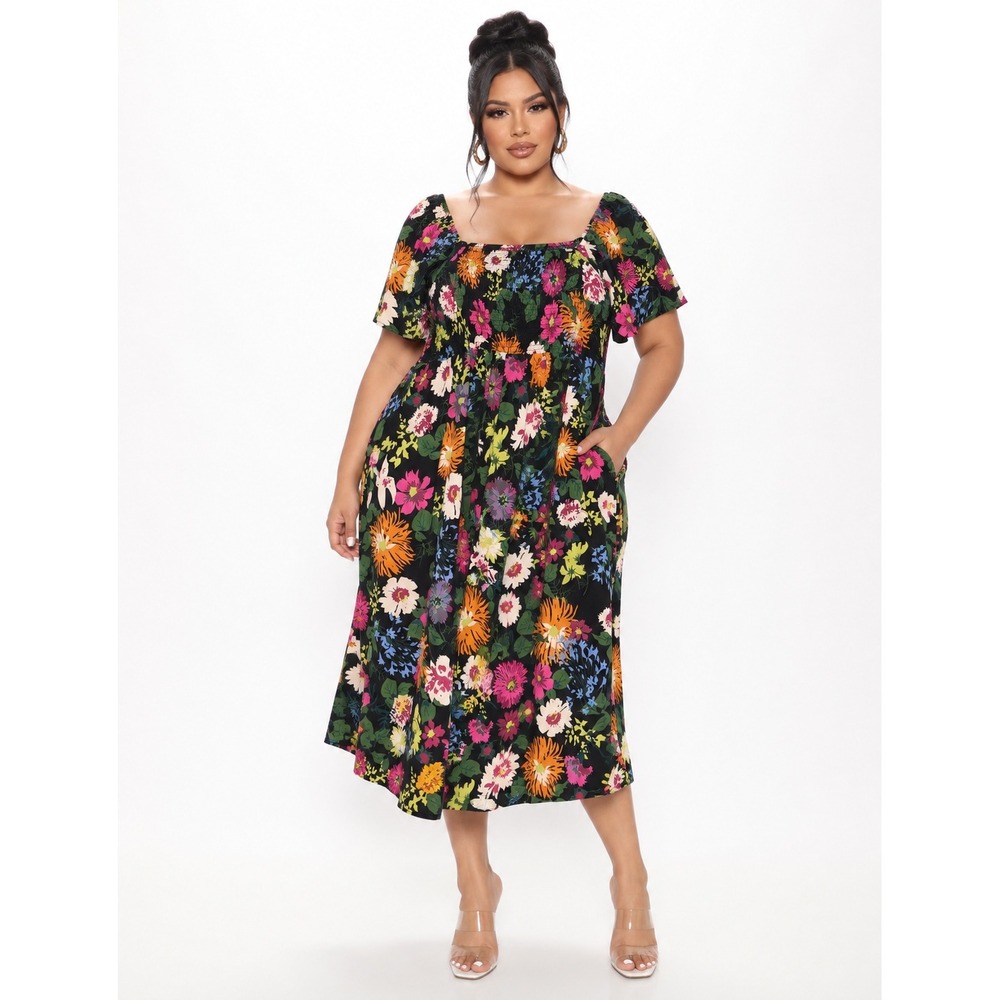 Bloomchic Floral Shirred Square Neck Pocket Midi Dress Size 14